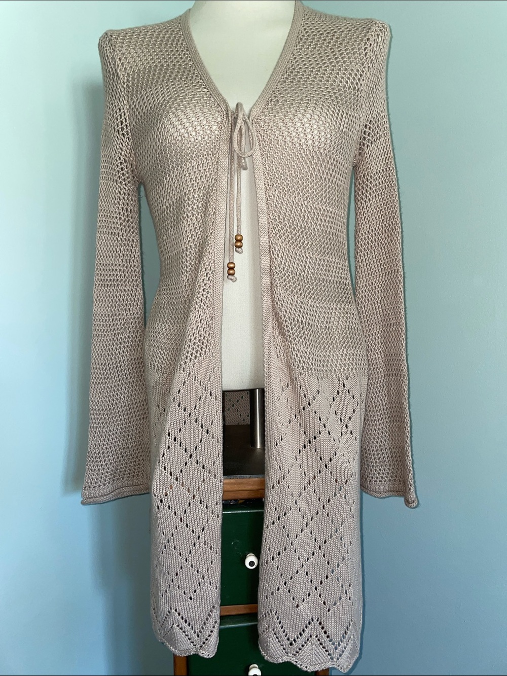Ultra Flirt Open Knit Long Duster Cardigan Tie Front Boho Sweater Medium
